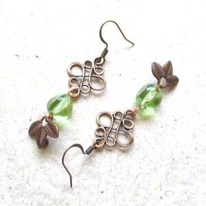 Feminine Copper Celtic Knot Filigree & Leaf Dangle Earrings ~ Spring + Fall